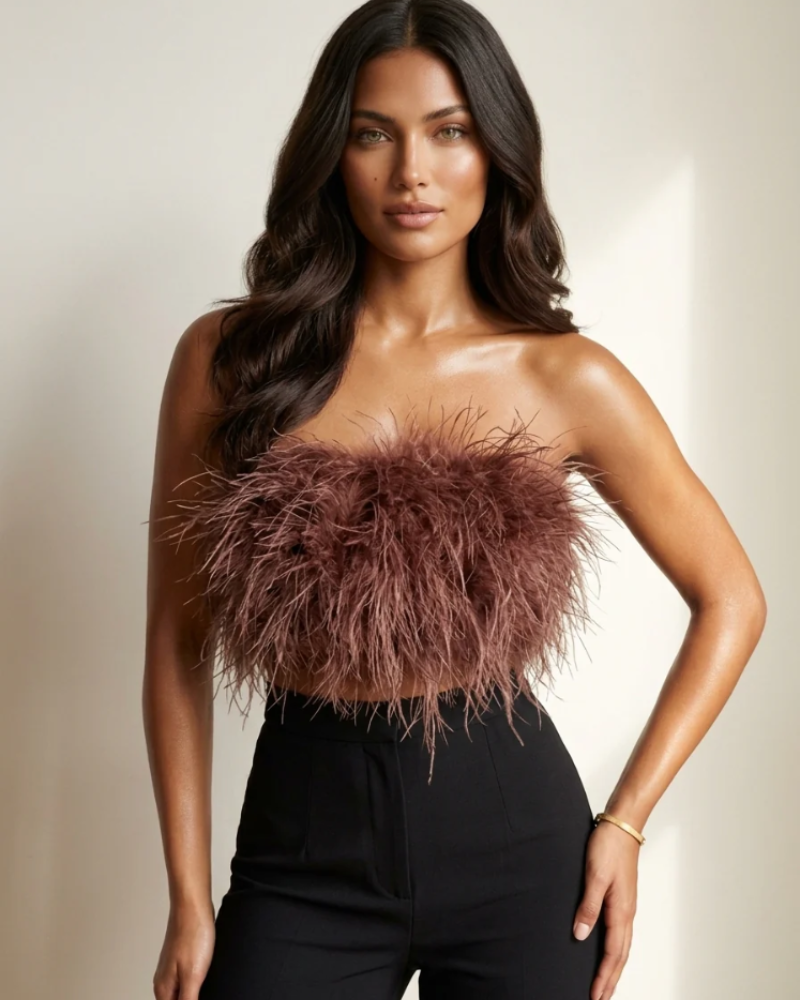 Savannah Women's Feather Bandeau Top – Strapless Fitted Party & Festival Top