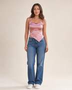 Sabrina Women's Satin Crop Top – Pink Asymmetrical Design with Lace-Up Detail