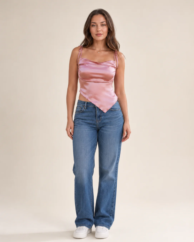 Sabrina Women's Satin Crop Top – Pink Asymmetrical Design with Lace-Up Detail