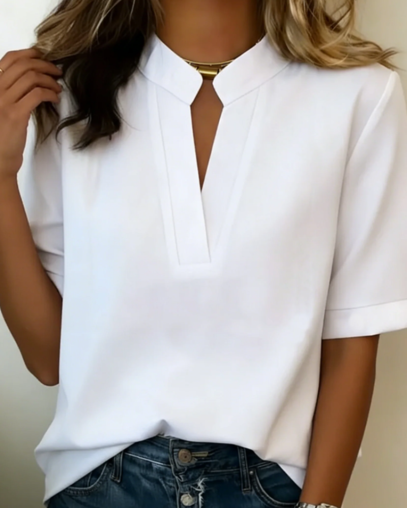 Claire Women's Blouse – Elegant V-Neck Top with Refined Stand Collar & Short Sleeves