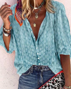 Ruby Women's Designer Blouse – Short Sleeve V-Neck Button Top with All-Over Print