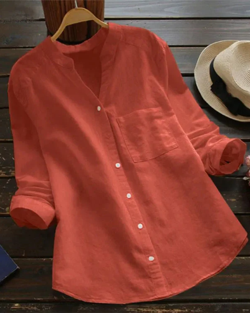 Brielle Women's Summer Blouse – Collarless V-Neck Button Shirt with Chest Pocket