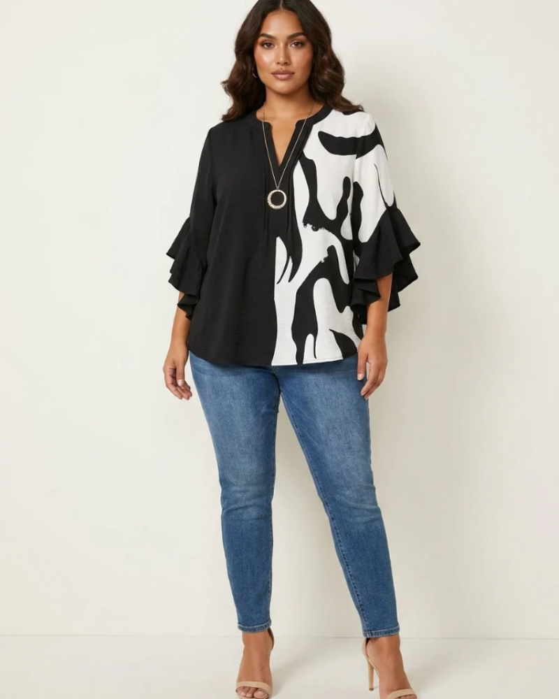 Marina Women's Floral Blouse – V-Neck Top with Ruffle Sleeves & Romantic Print