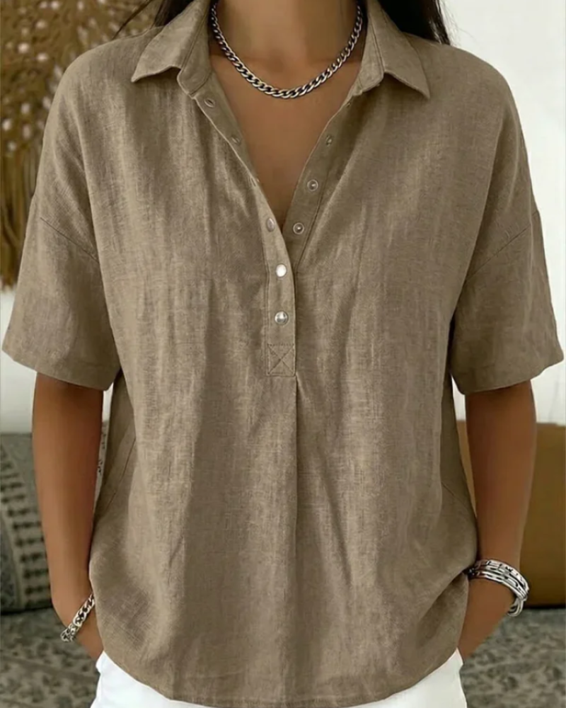 Grace Women's Casual Blouse – Short Sleeve V-Neck Top with Collar & Button Detail
