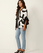 Marina Women's Floral Blouse – V-Neck Top with Ruffle Sleeves & Romantic Print