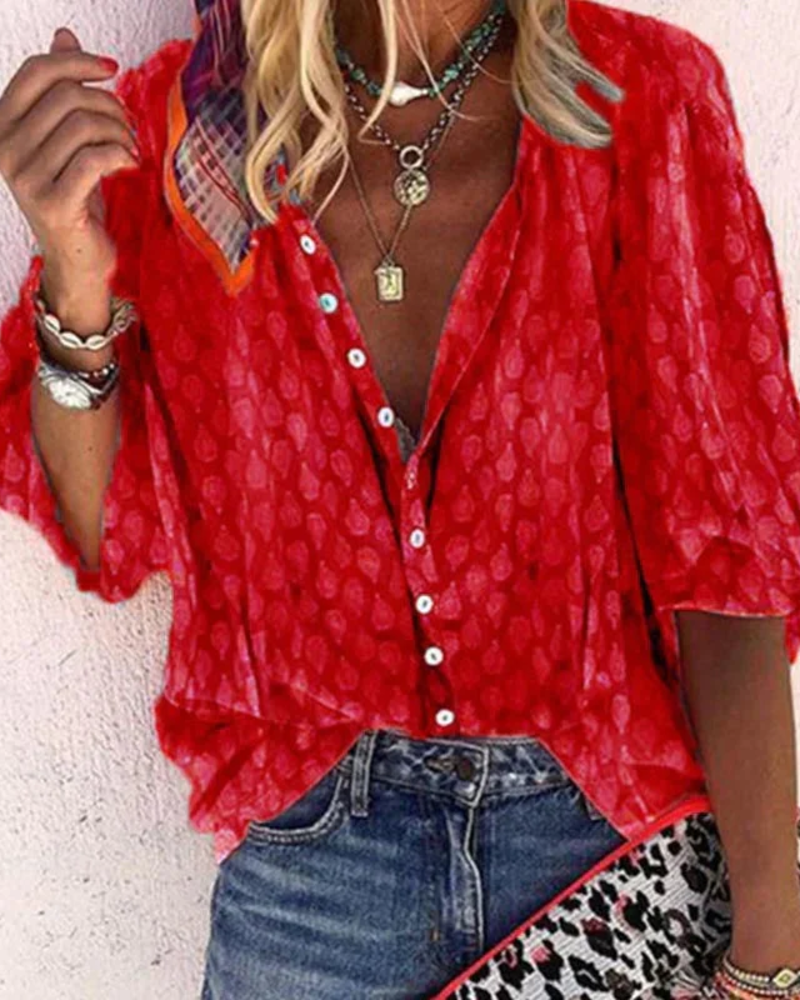 Ruby Women's Designer Blouse – Short Sleeve V-Neck Button Top with All-Over Print