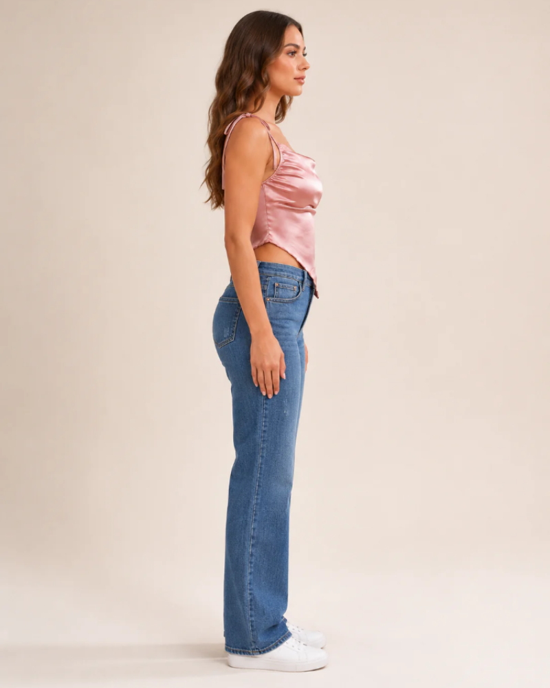 Sabrina Women's Satin Crop Top – Pink Asymmetrical Design with Lace-Up Detail