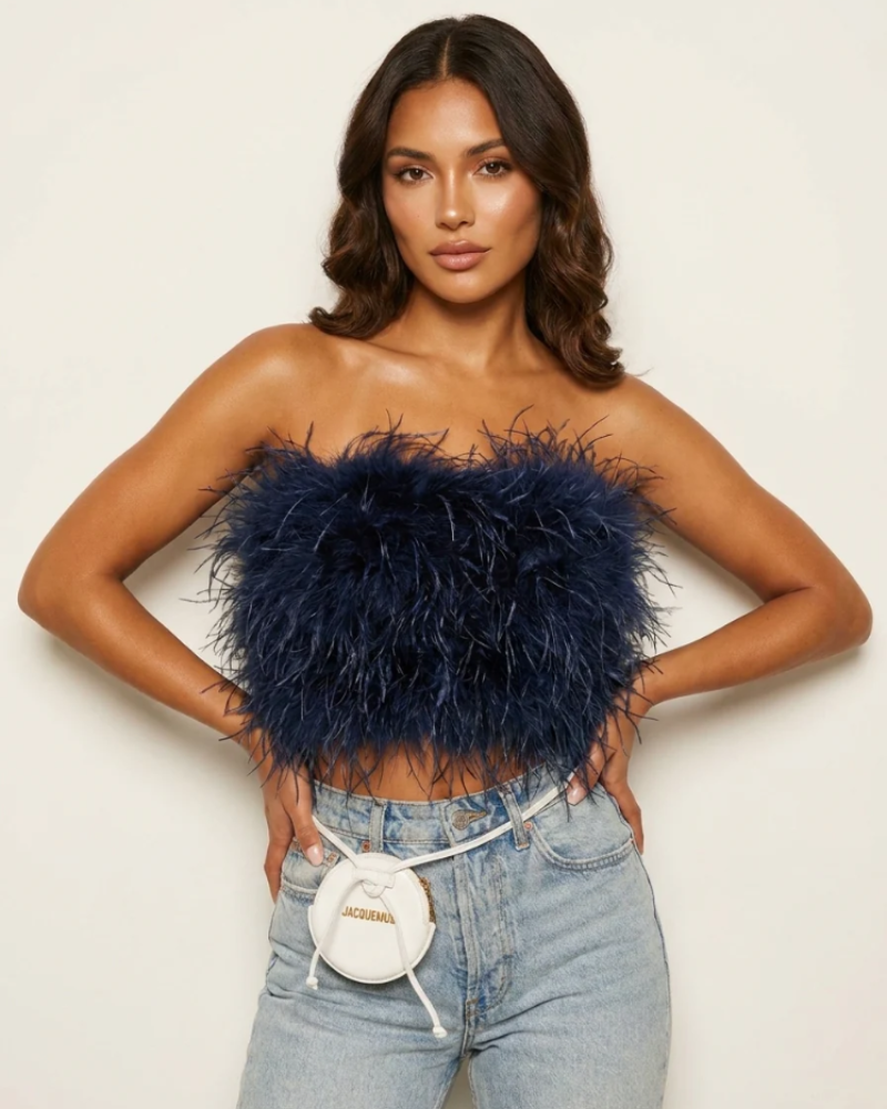 Savannah Women's Feather Bandeau Top – Strapless Fitted Party & Festival Top