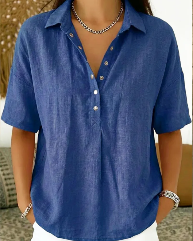 Grace Women's Casual Blouse – Short Sleeve V-Neck Top with Collar & Button Detail