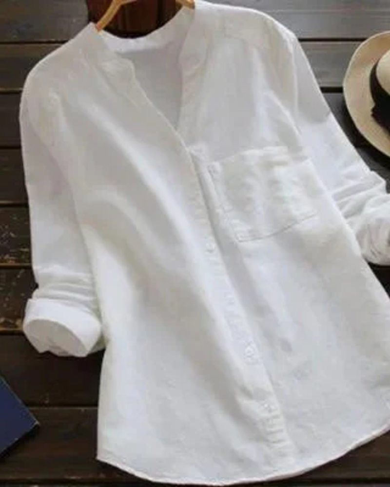 Brielle Women's Summer Blouse – Collarless V-Neck Button Shirt with Chest Pocket