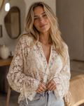 Rebecca Women's Beige Lace Blouse – V-Neck, Button Front & Long Sleeves