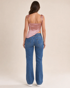Sabrina Women's Satin Crop Top – Pink Asymmetrical Design with Lace-Up Detail
