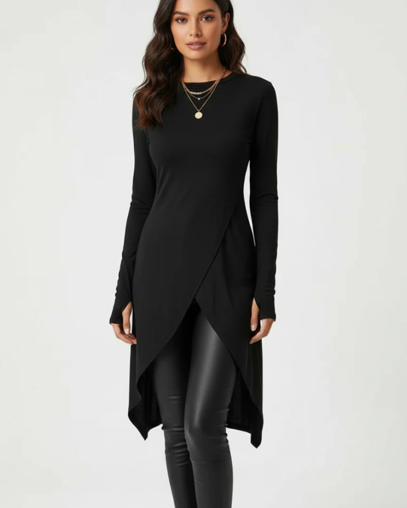 Rebecca Women's Wrap Tunic – Asymmetrical Stretch Top with Mid-Thigh Length