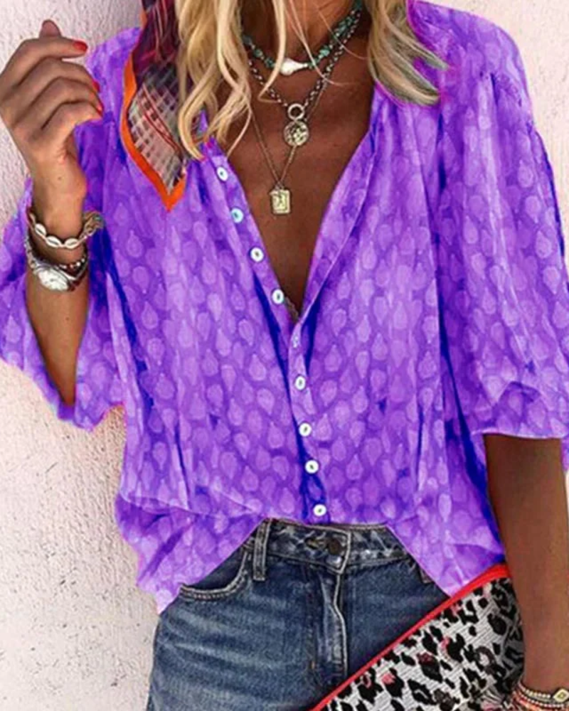 Ruby Women's Designer Blouse – Short Sleeve V-Neck Button Top with All-Over Print