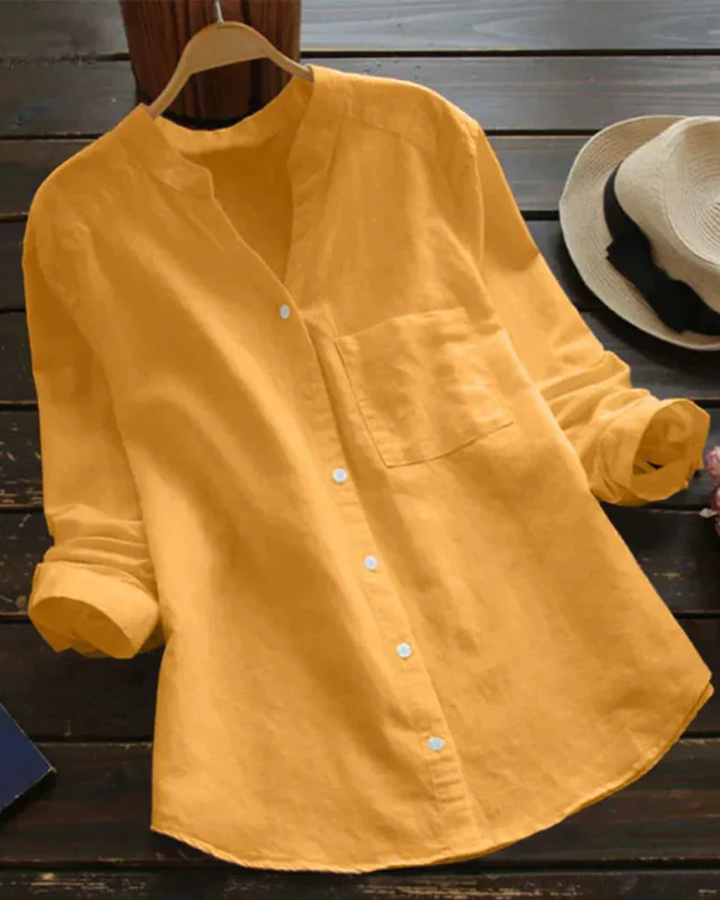 Brielle Women's Summer Blouse – Collarless V-Neck Button Shirt with Chest Pocket