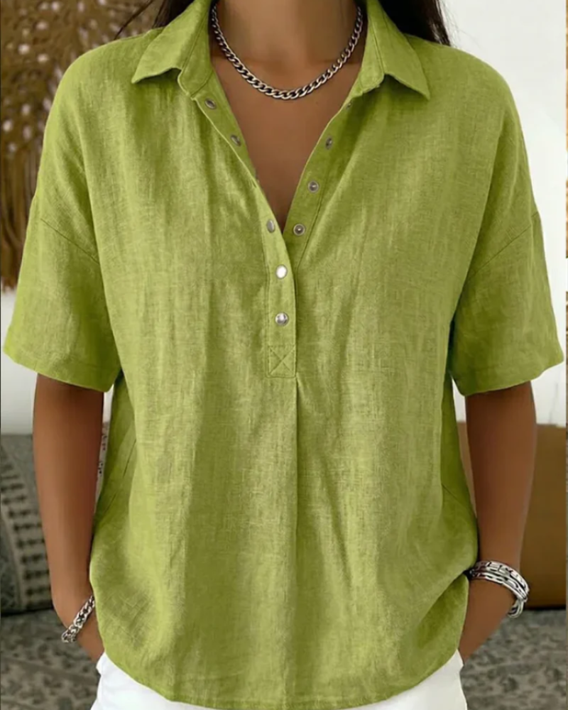 Grace Women's Casual Blouse – Short Sleeve V-Neck Top with Collar & Button Detail