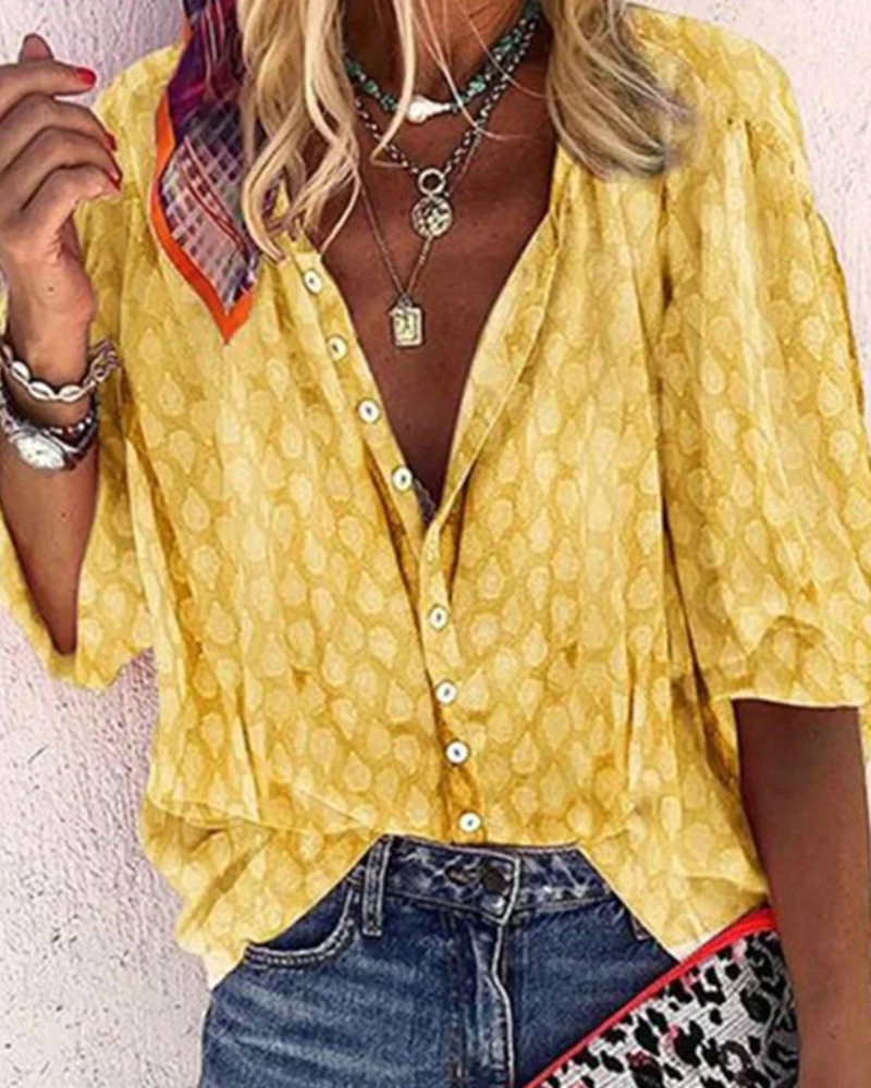 Ruby Women's Designer Blouse – Short Sleeve V-Neck Button Top with All-Over Print
