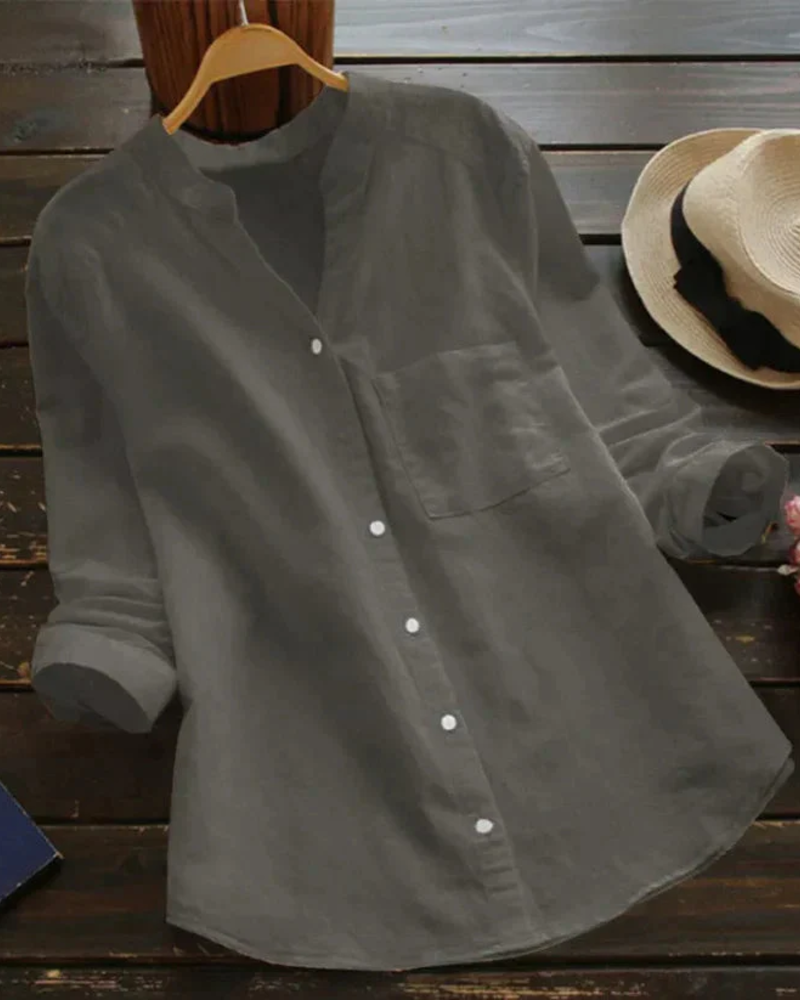Brielle Women's Summer Blouse – Collarless V-Neck Button Shirt with Chest Pocket
