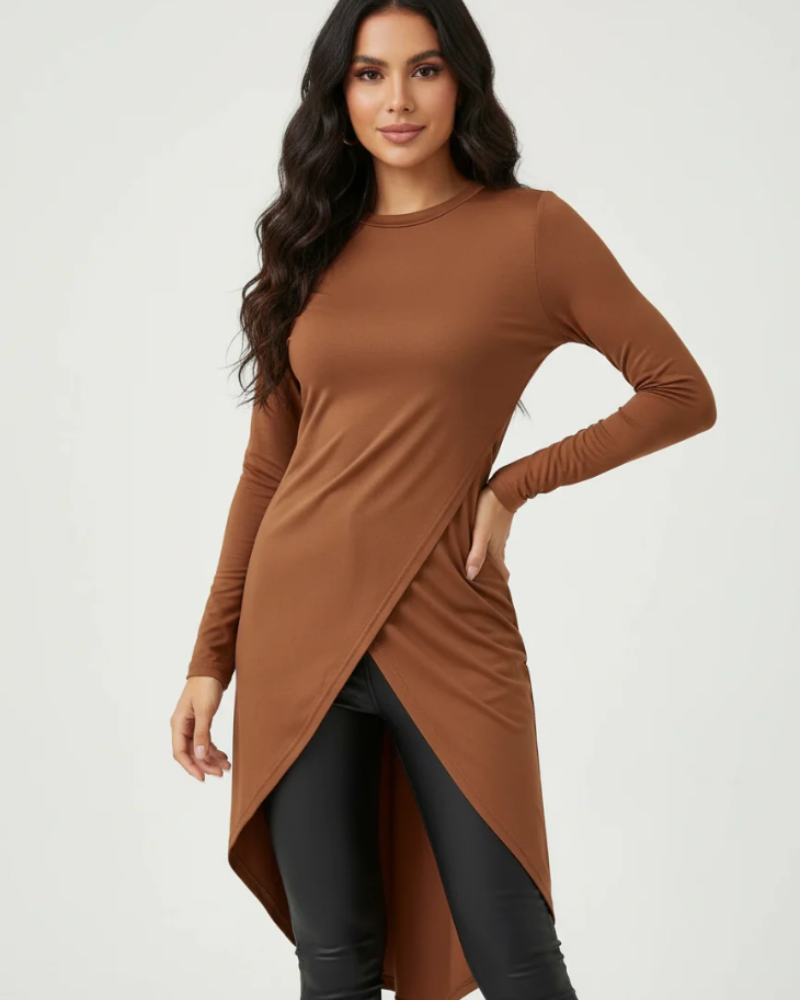 Rebecca Women's Wrap Tunic – Asymmetrical Stretch Top with Mid-Thigh Length