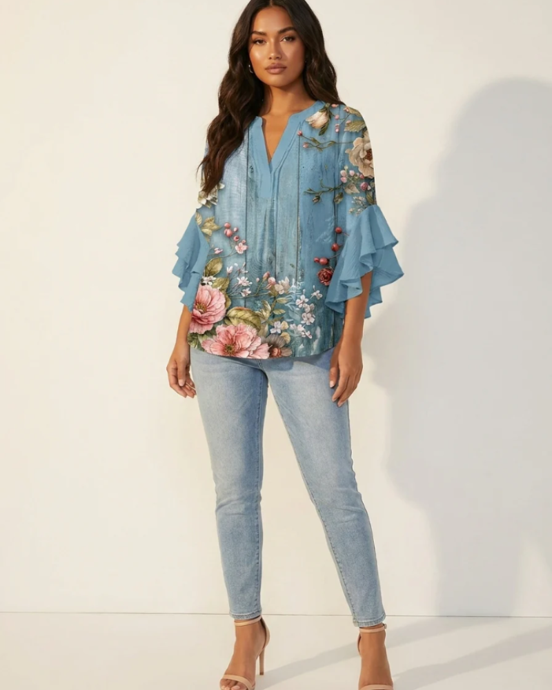 Marina Women's Floral Blouse – V-Neck Top with Ruffle Sleeves & Romantic Print