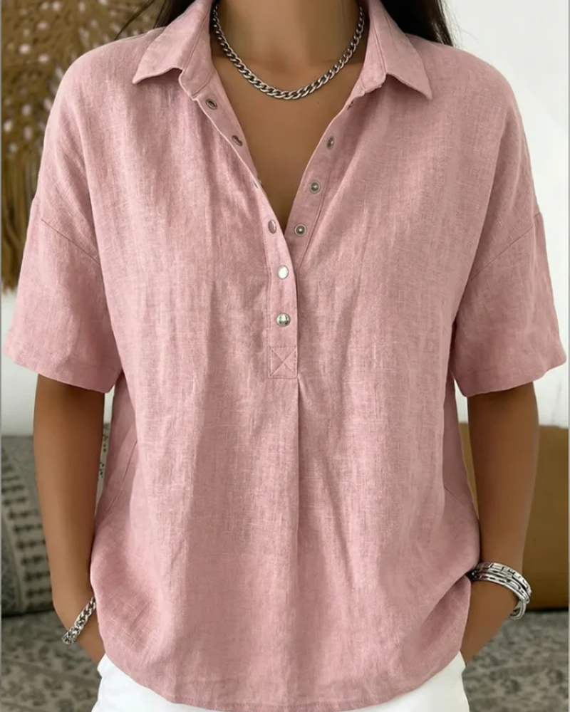 Grace Women's Casual Blouse – Short Sleeve V-Neck Top with Collar & Button Detail