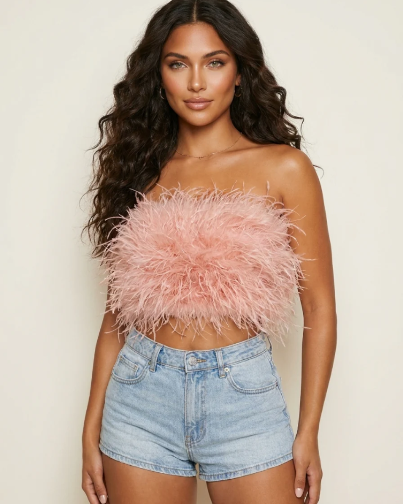 Savannah Women's Feather Bandeau Top – Strapless Fitted Party & Festival Top