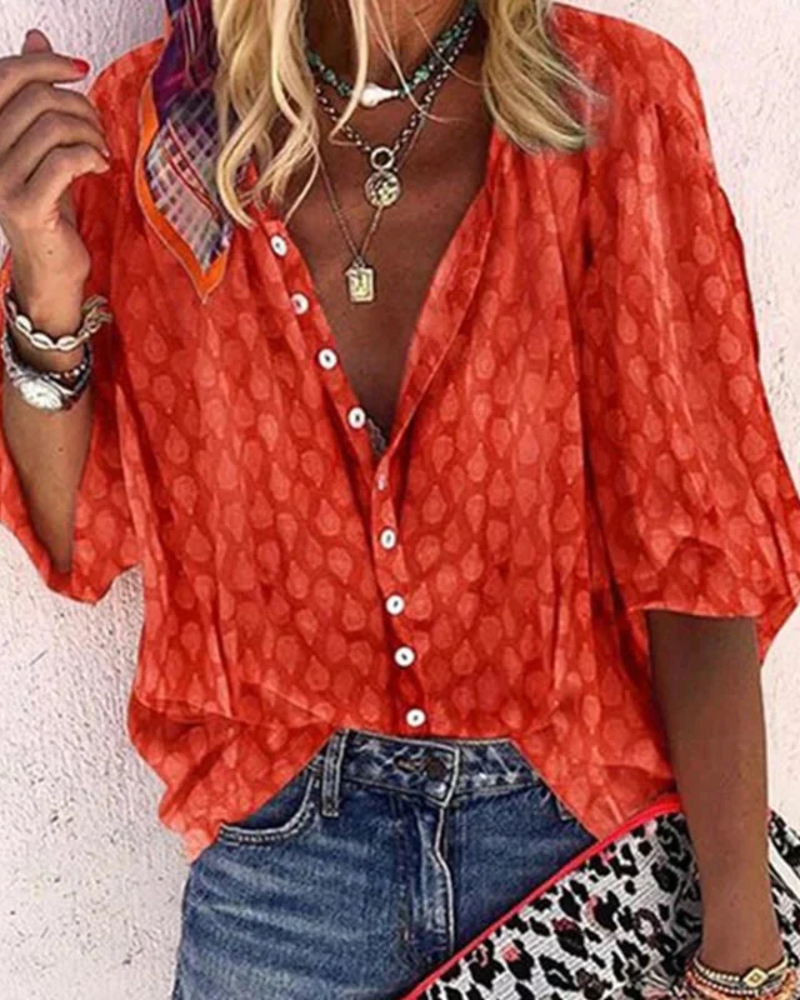 Ruby Women's Designer Blouse – Short Sleeve V-Neck Button Top with All-Over Print