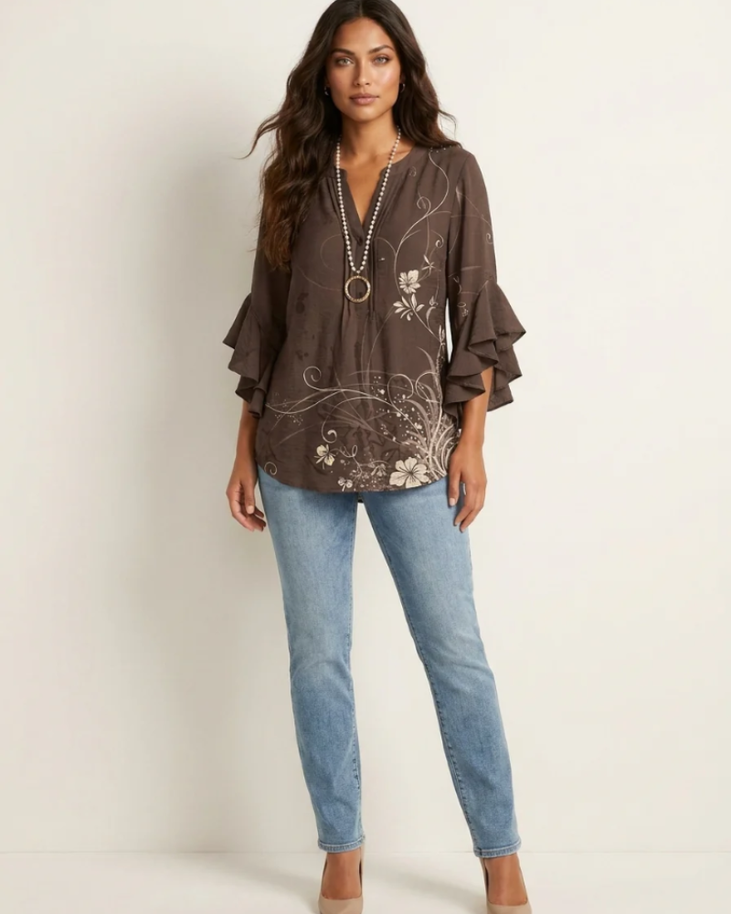 Marina Women's Floral Blouse – V-Neck Top with Ruffle Sleeves & Romantic Print
