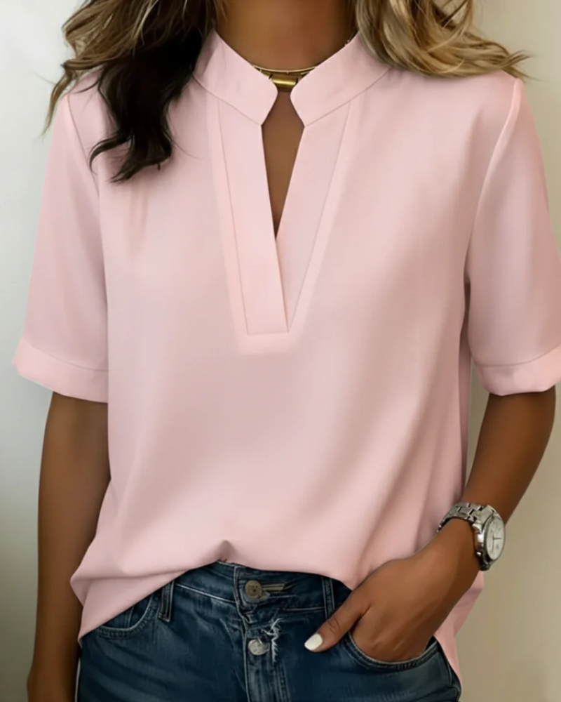 Claire Women's Blouse – Elegant V-Neck Top with Refined Stand Collar & Short Sleeves