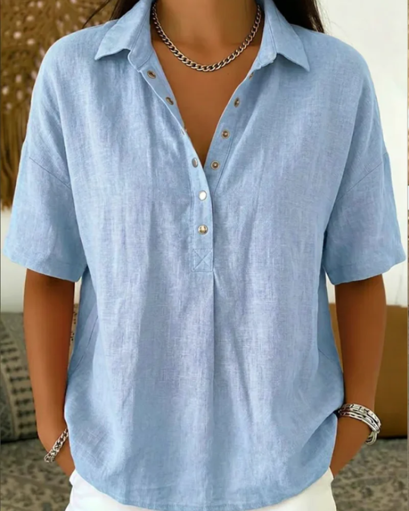 Grace Women's Casual Blouse – Short Sleeve V-Neck Top with Collar & Button Detail