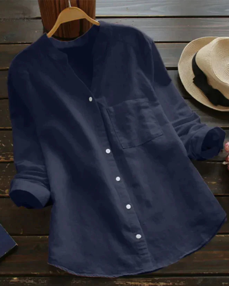 Brielle Women's Summer Blouse – Collarless V-Neck Button Shirt with Chest Pocket