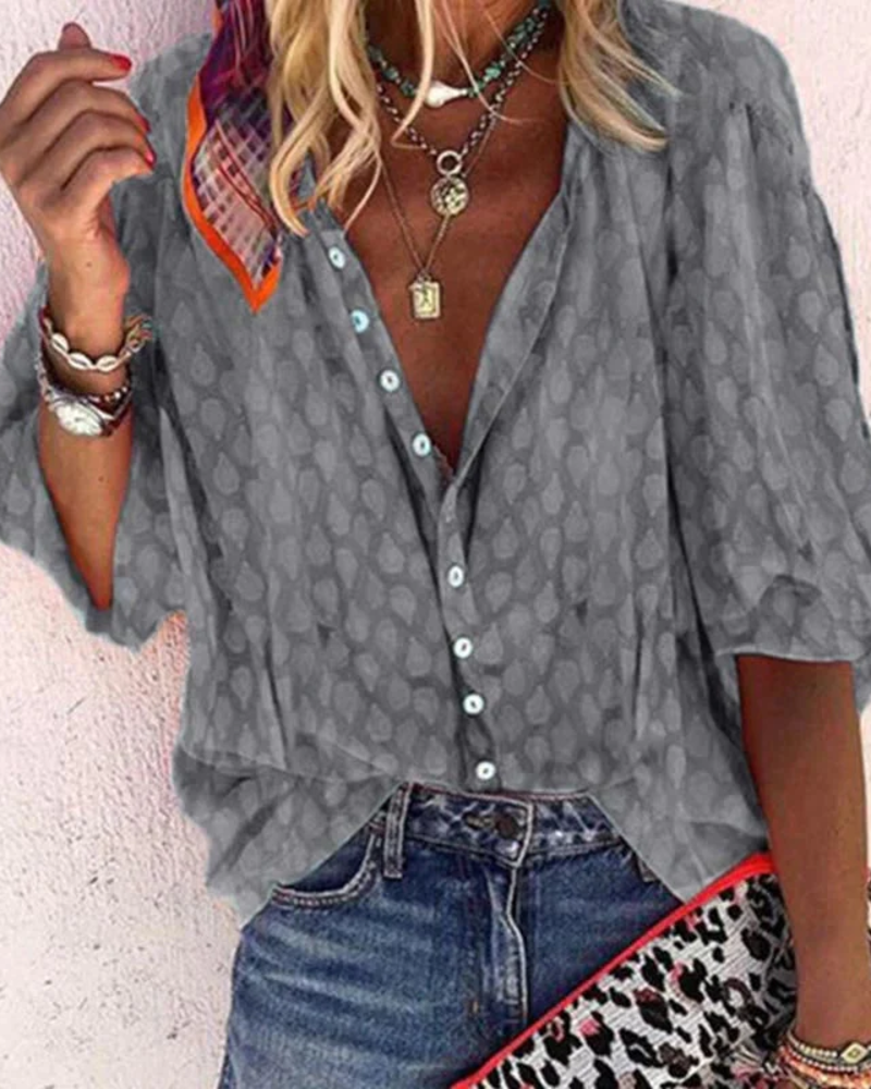 Ruby Women's Designer Blouse – Short Sleeve V-Neck Button Top with All-Over Print