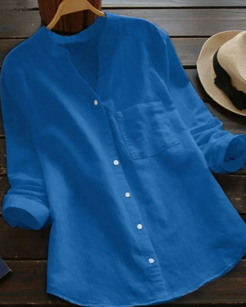 Brielle Women's Summer Blouse – Collarless V-Neck Button Shirt with Chest Pocket