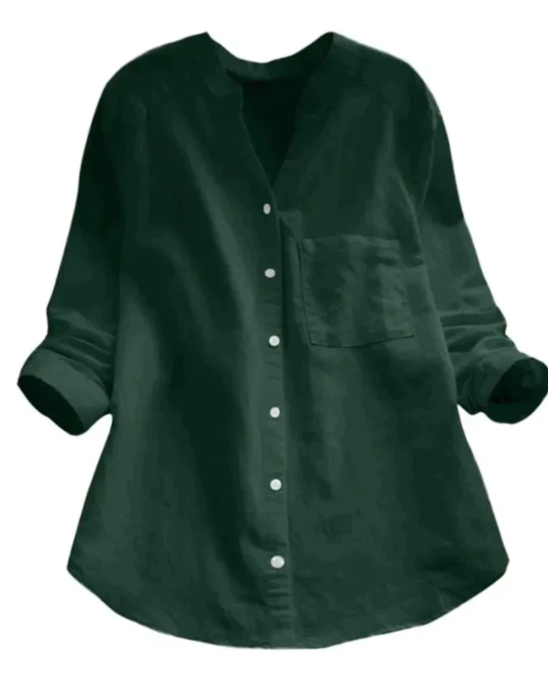 Brielle Women's Summer Blouse – Collarless V-Neck Button Shirt with Chest Pocket