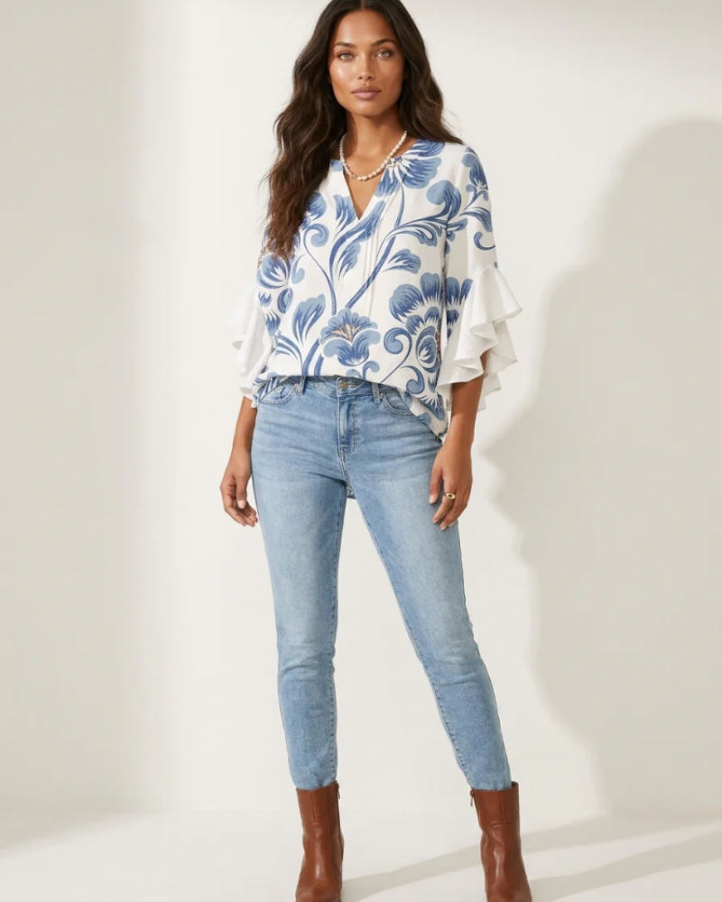Marina Women's Floral Blouse – V-Neck Top with Ruffle Sleeves & Romantic Print