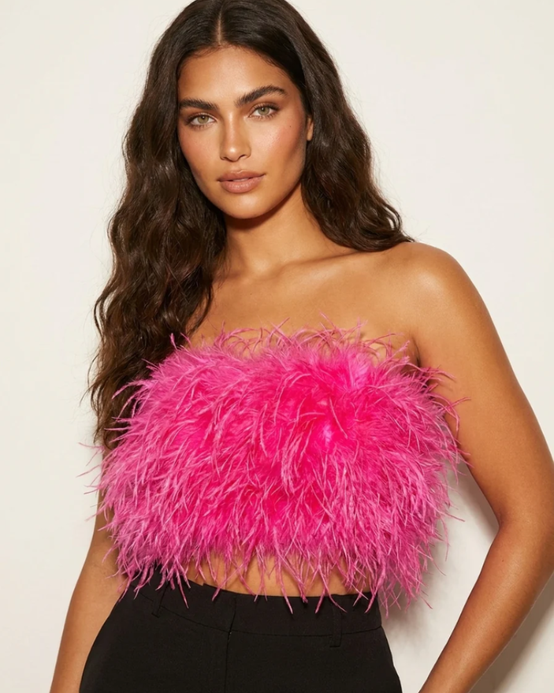 Savannah Women's Feather Bandeau Top – Strapless Fitted Party & Festival Top