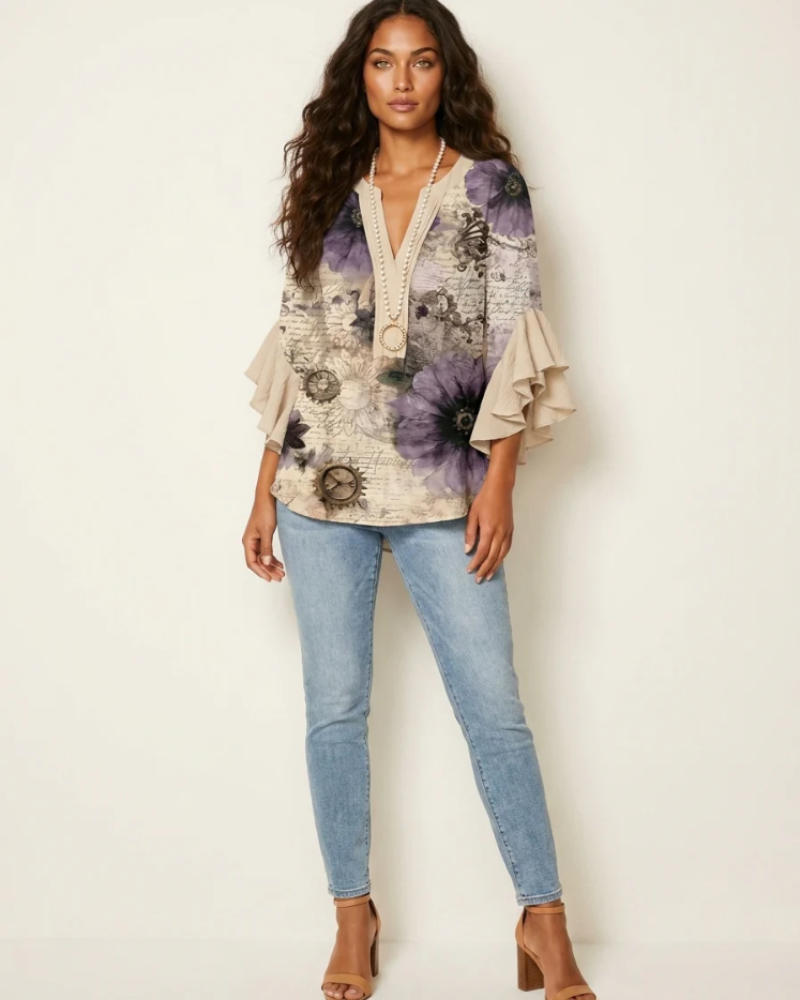 Marina Women's Floral Blouse – V-Neck Top with Ruffle Sleeves & Romantic Print