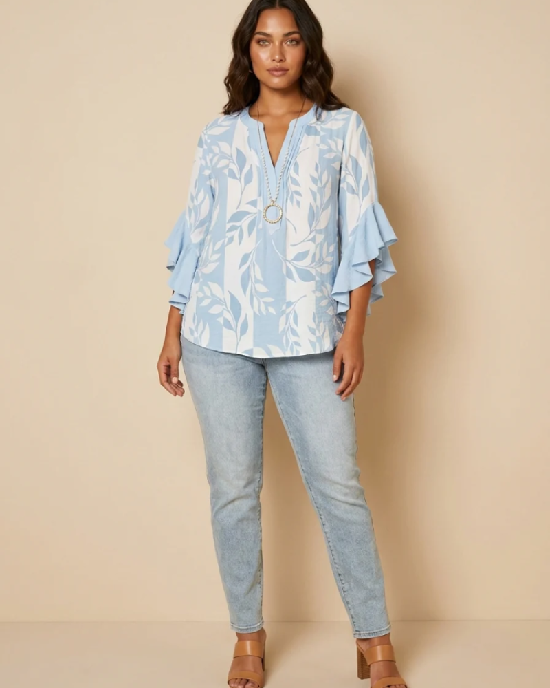 Marina Women's Floral Blouse – V-Neck Top with Ruffle Sleeves & Romantic Print