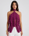 Caris Women's Halter Top – Elegant Ruffle Evening Top with Gold Accent Detail