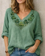 Nora Women's V-Neck Blouse – Long Sleeve Embroidered Top for Casual Elegant Wear
