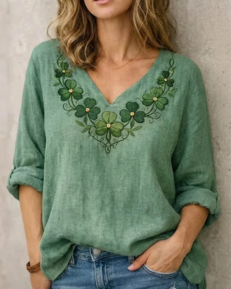 Nora Women's V-Neck Blouse – Long Sleeve Embroidered Top for Casual Elegant Wear