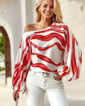 Freya Women’s One Shoulder Blouse – Asymmetrical Wave Print Top with Balloon Sleeves