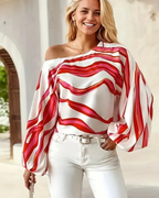 Freya Women’s One Shoulder Blouse – Asymmetrical Wave Print Top with Balloon Sleeves