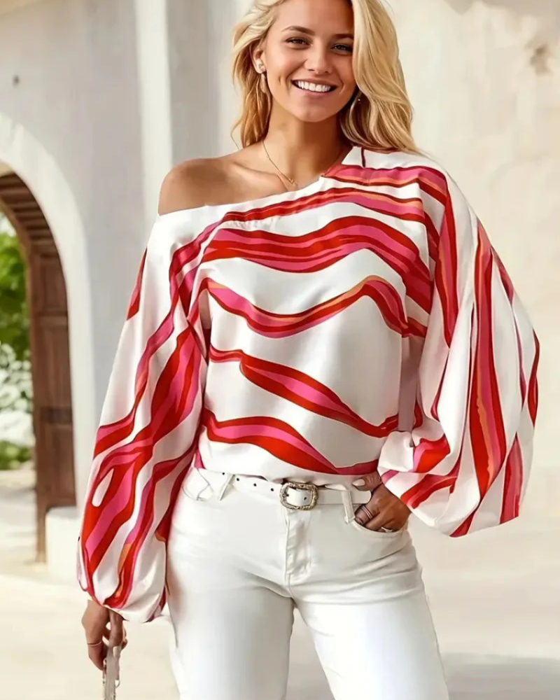Freya Women’s One Shoulder Blouse – Asymmetrical Wave Print Top with Balloon Sleeves