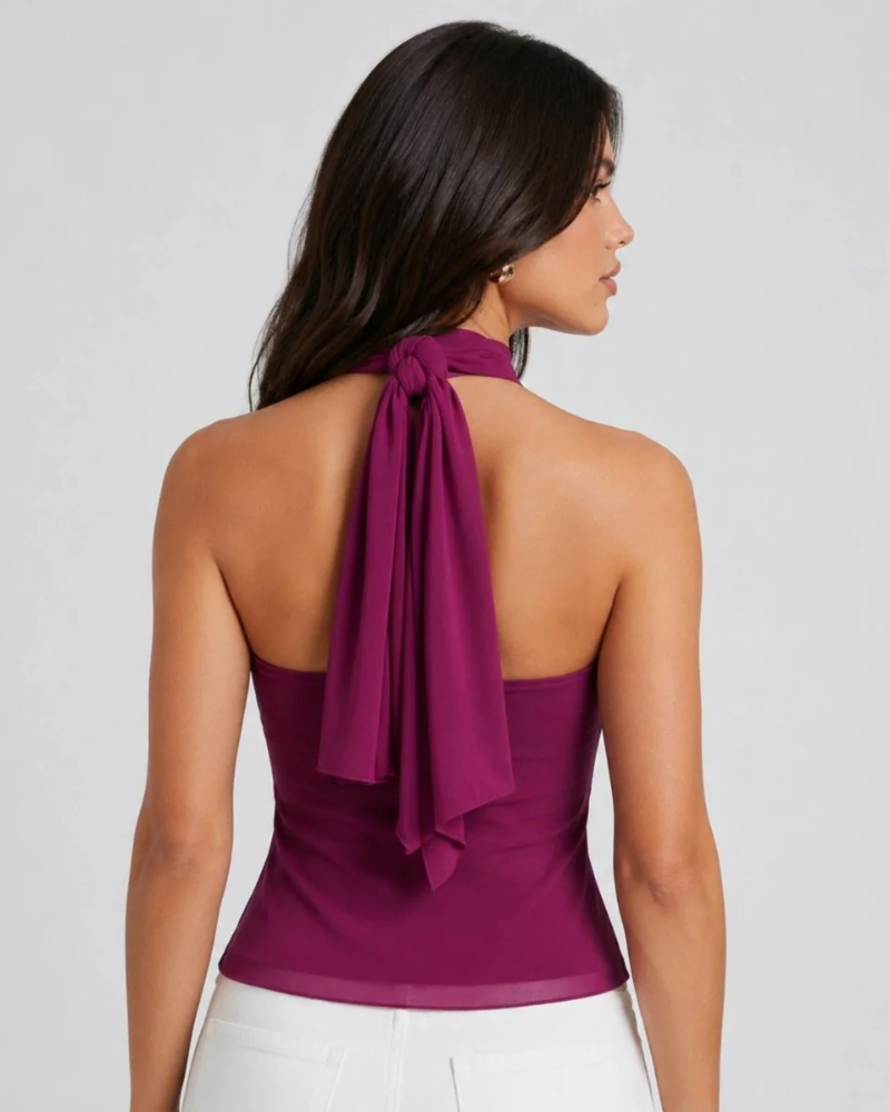 Caris Women's Halter Top – Elegant Ruffle Evening Top with Gold Accent Detail