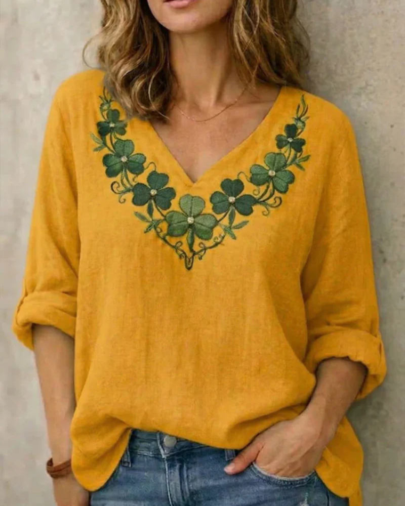 Nora Women's V-Neck Blouse – Long Sleeve Embroidered Top for Casual Elegant Wear
