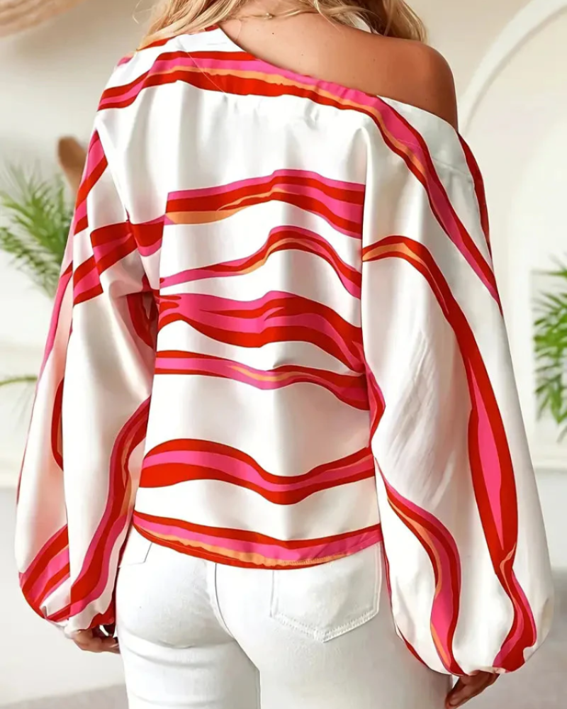 Freya Women’s One Shoulder Blouse – Asymmetrical Wave Print Top with Balloon Sleeves