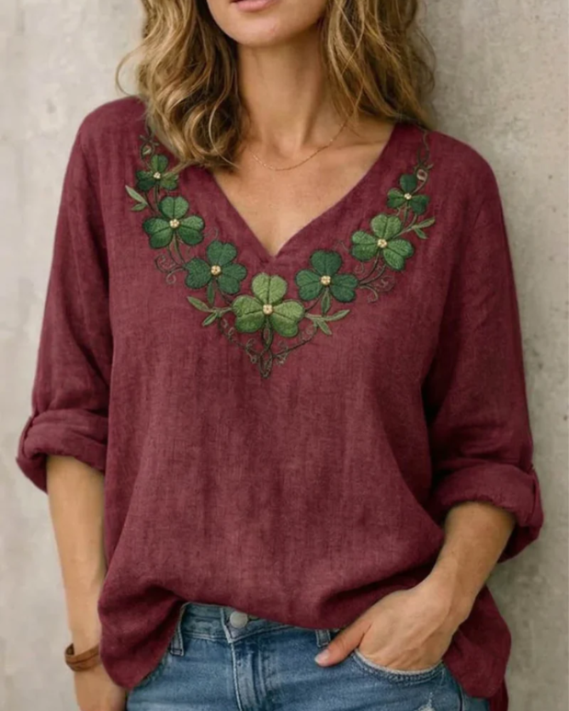 Nora Women's V-Neck Blouse – Long Sleeve Embroidered Top for Casual Elegant Wear