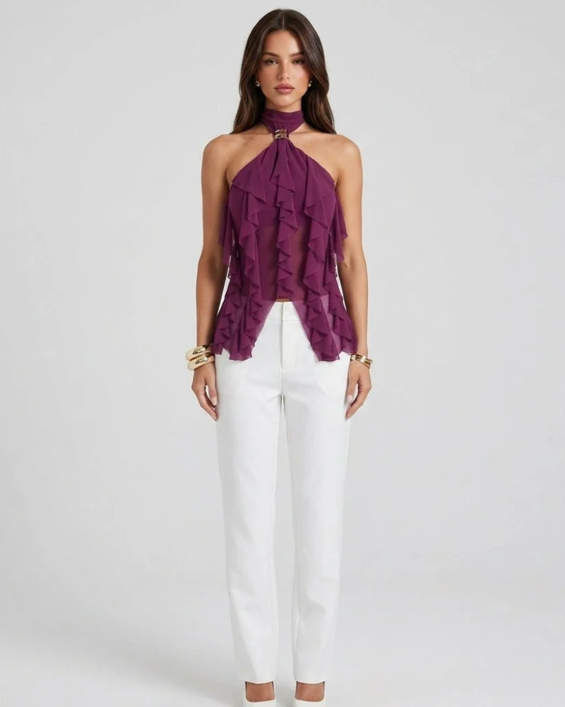 Caris Women's Halter Top – Elegant Ruffle Evening Top with Gold Accent Detail