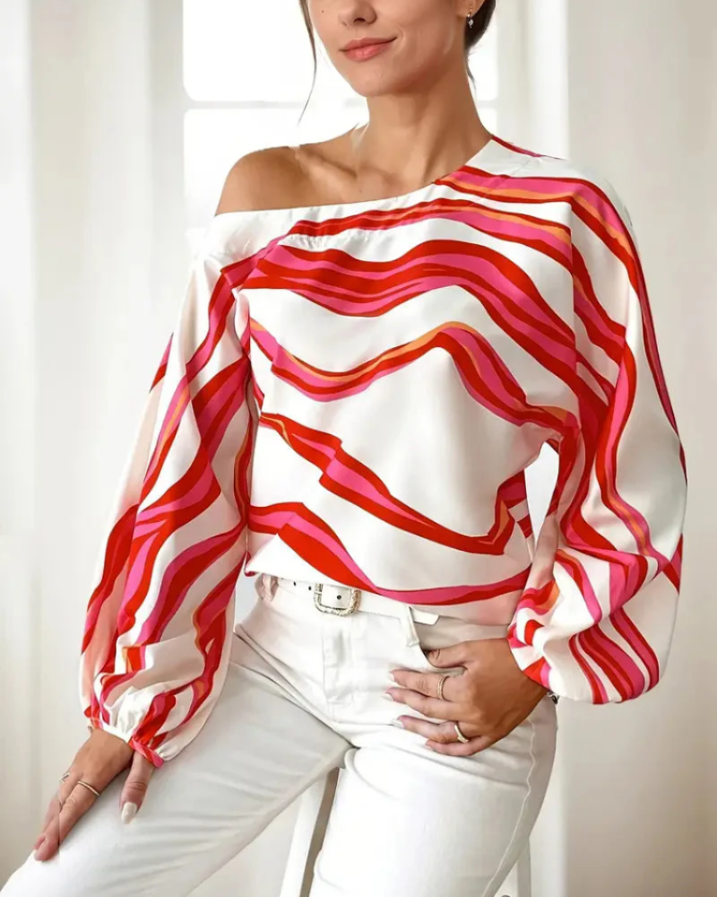 Freya Women’s One Shoulder Blouse – Asymmetrical Wave Print Top with Balloon Sleeves